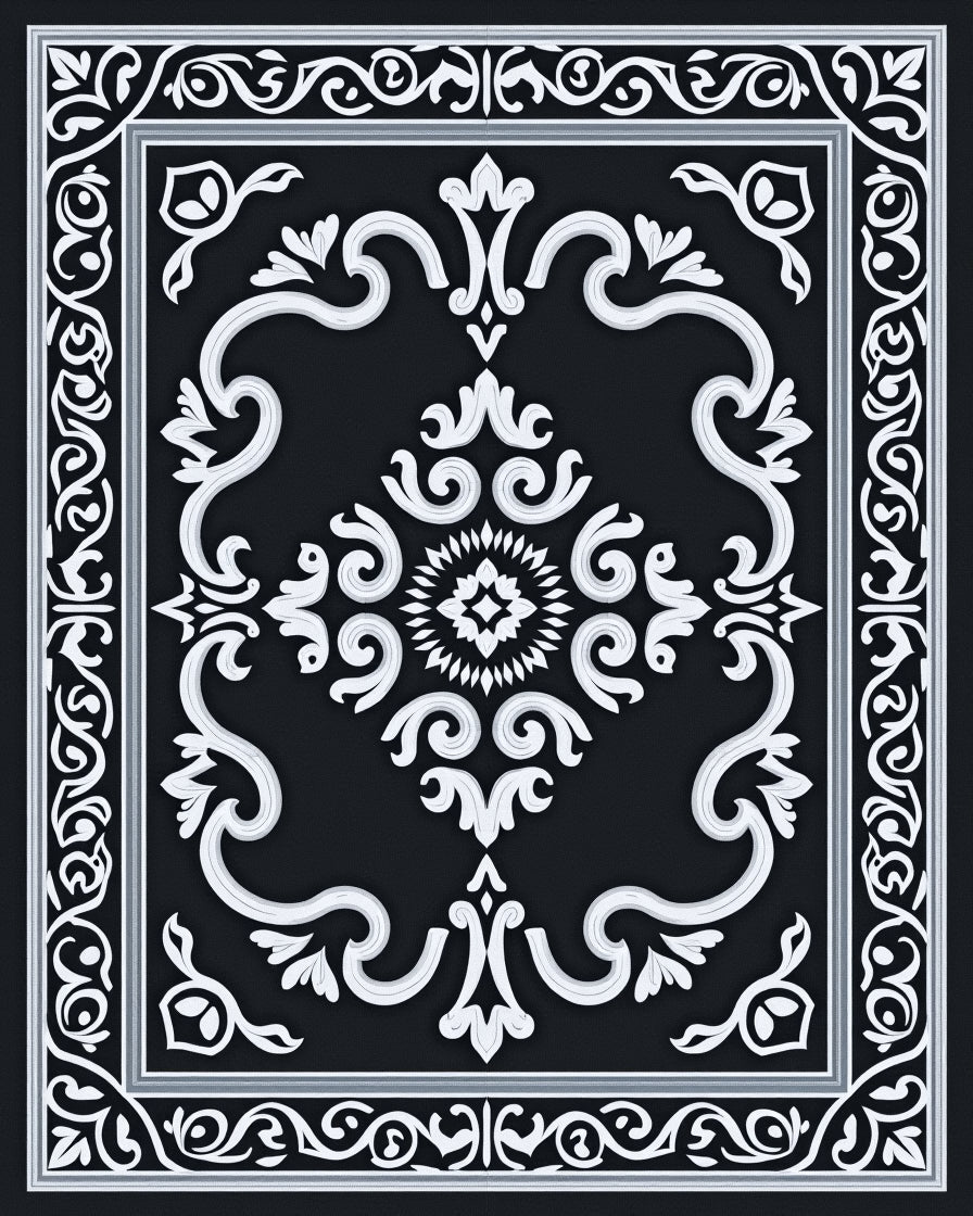 Ornate Black White Scrollwork Medallion Rug