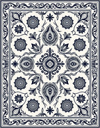 Navy Floral Medallion Scroll Border Rug