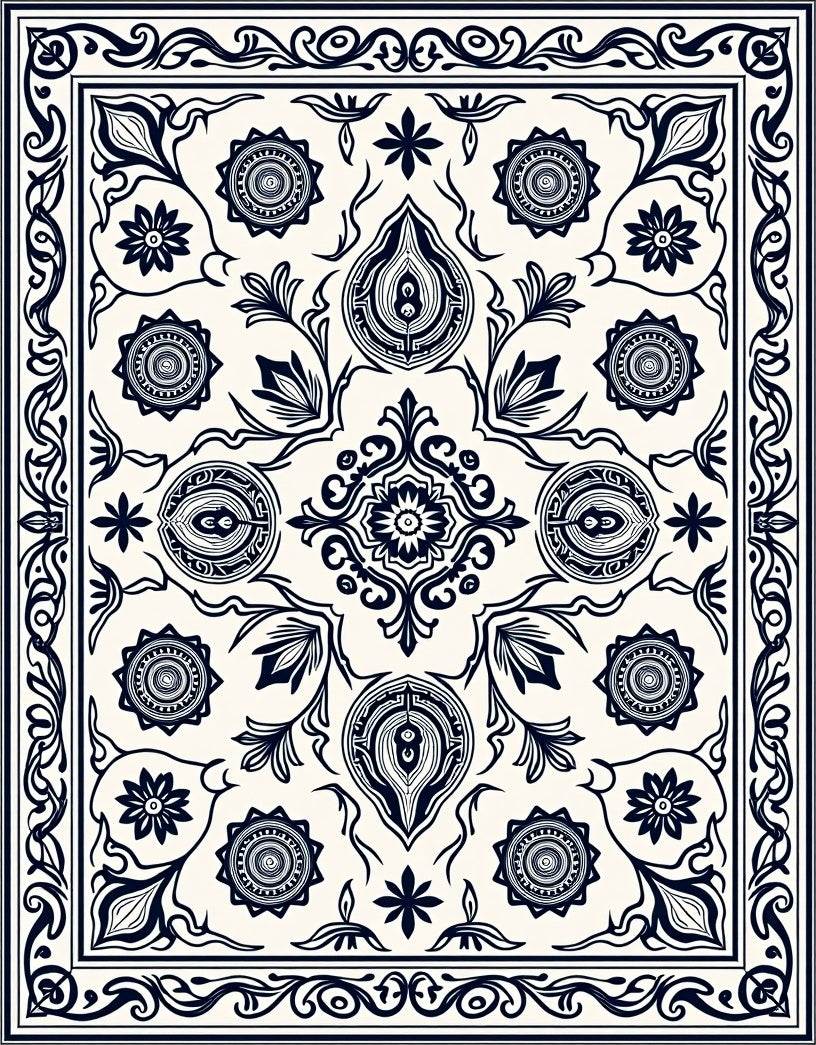 Navy Floral Medallion Scroll Border Rug