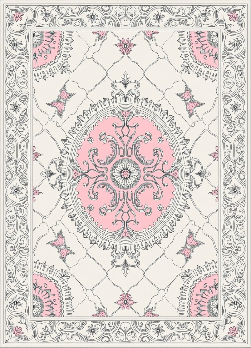 Pink Butterfly Medallion Scrollwork Rug