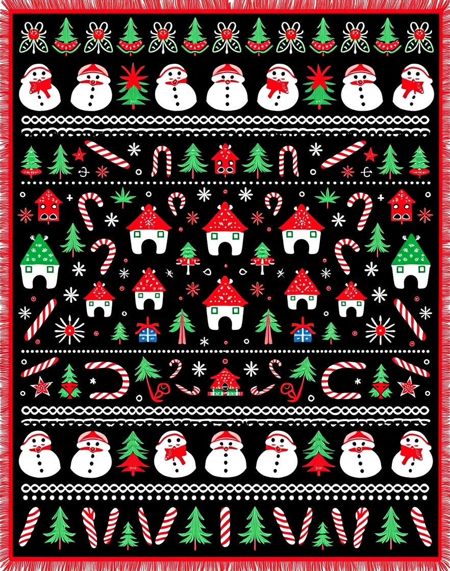 Jolly Snowman and Tree Holiday Stripes Rug