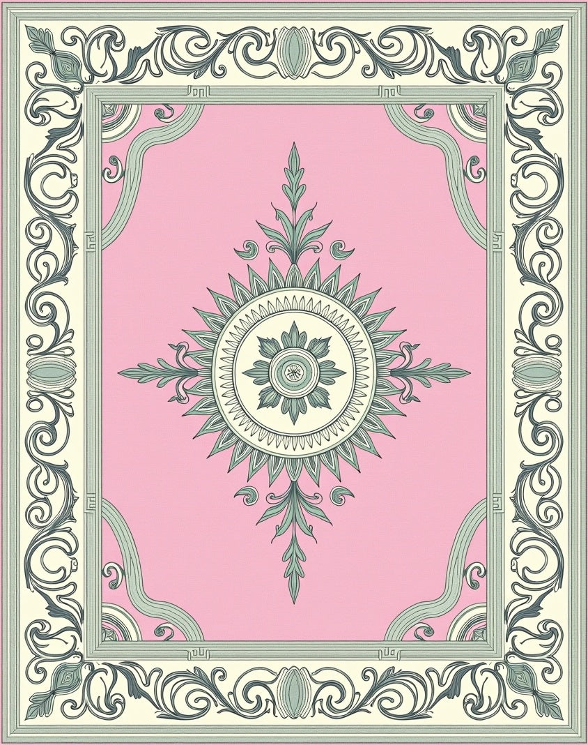 Pink Green Floral Sunburst Frame Rug