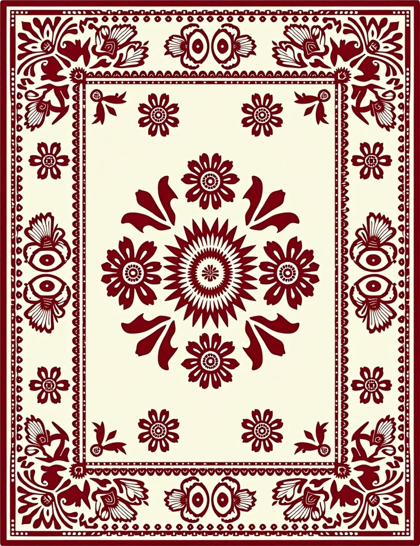 Crimson Botanical Border With Blooms Rug