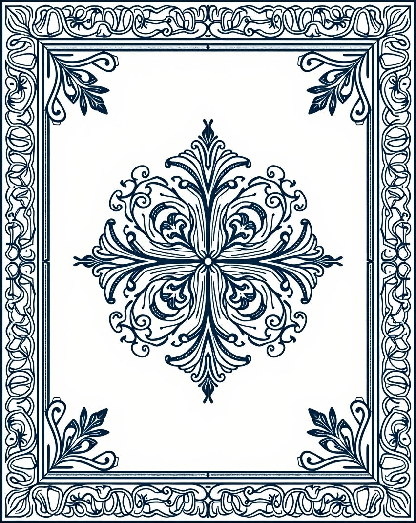 Ornate Dark Blue Floral Medallion Border Rug