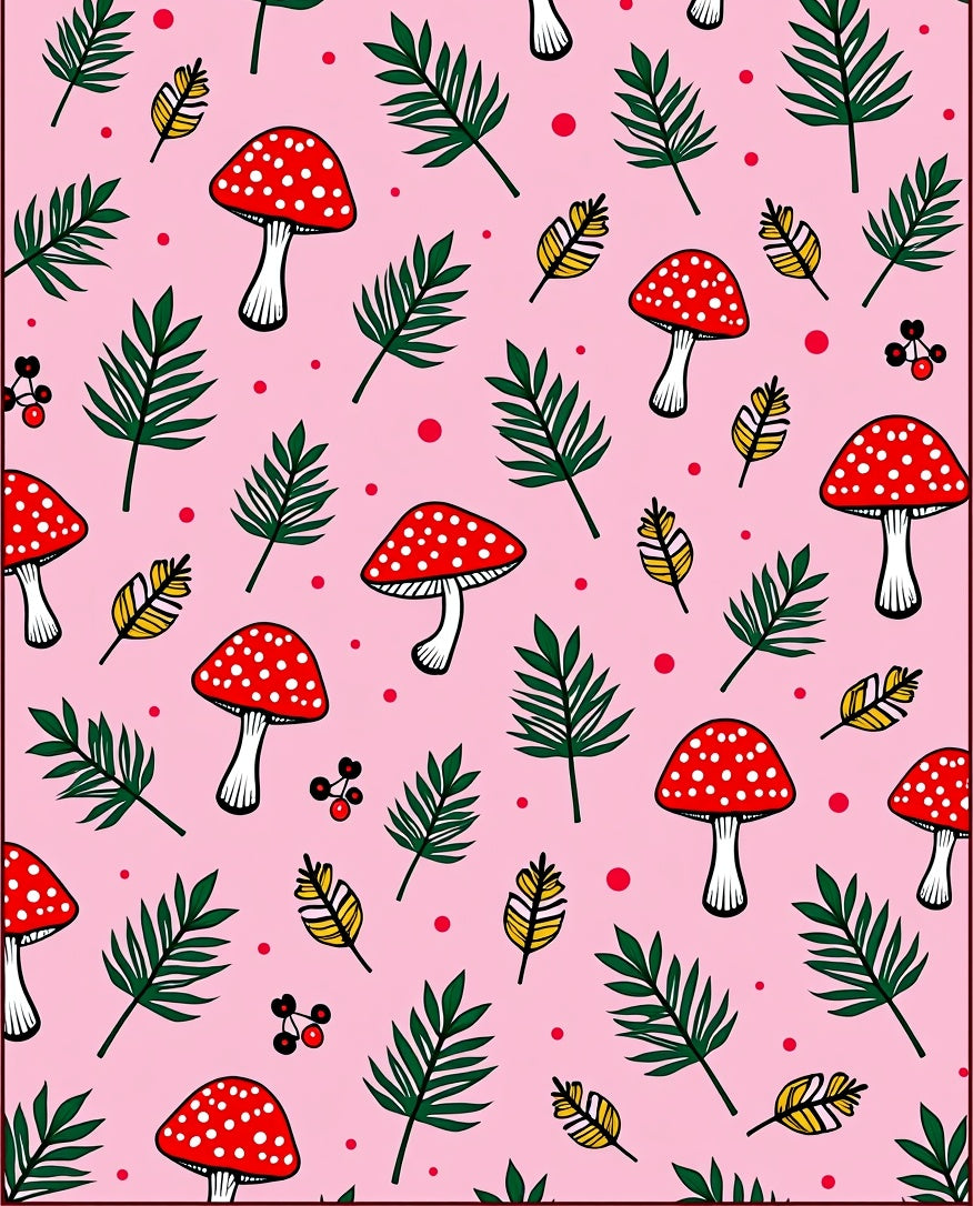 Whimsical Red Mushroom Fern Pink Rug