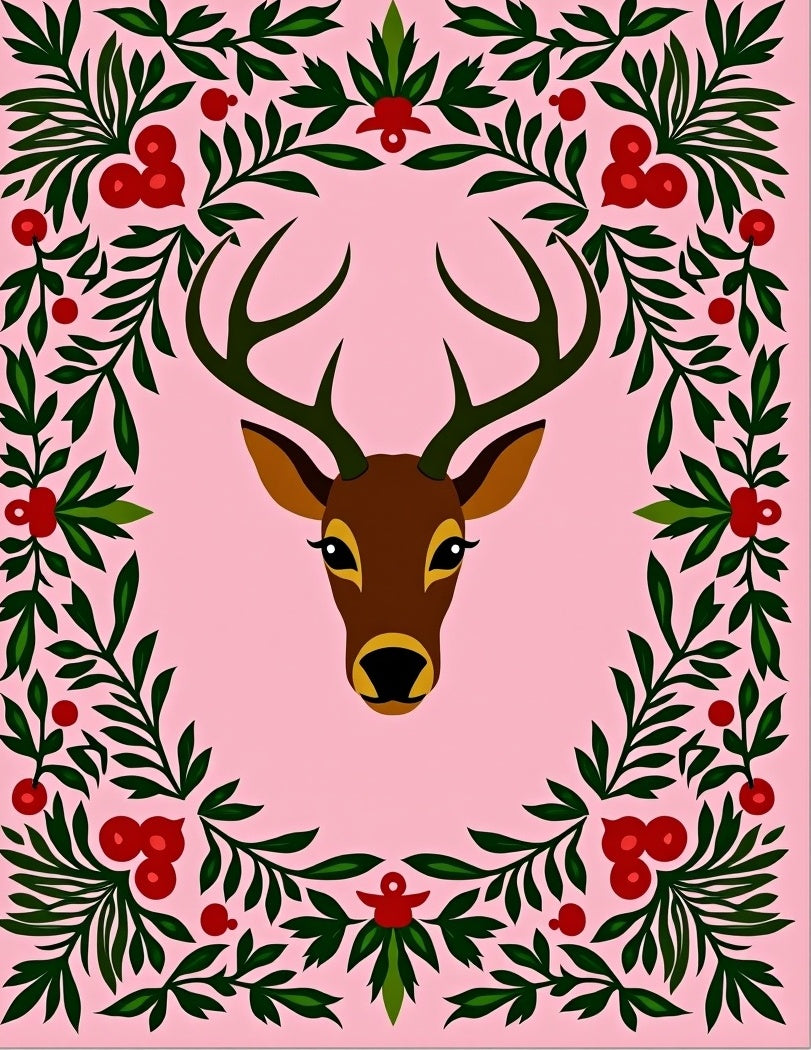 Pink Deer Floral Border Rug