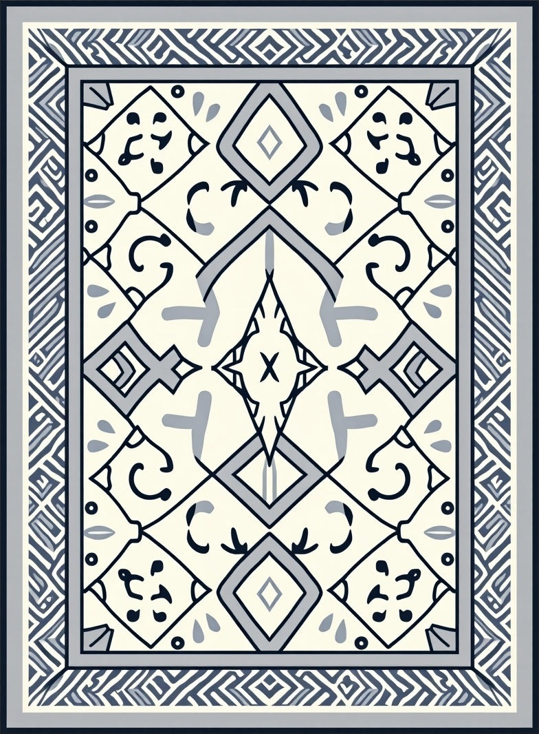 Cream Blue Geometric Central Diamond Rug
