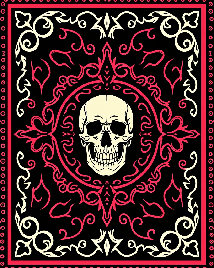 Black Crimson Skull Baroque Border Rug