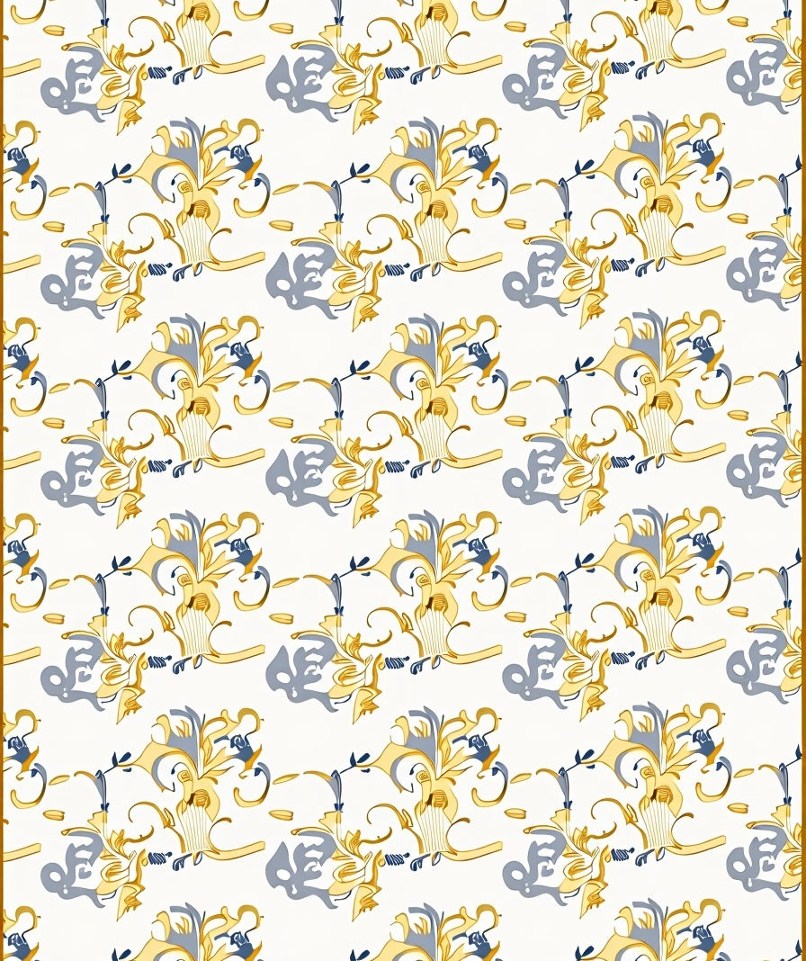 Ornate Golden Blue Scrollwork Rug