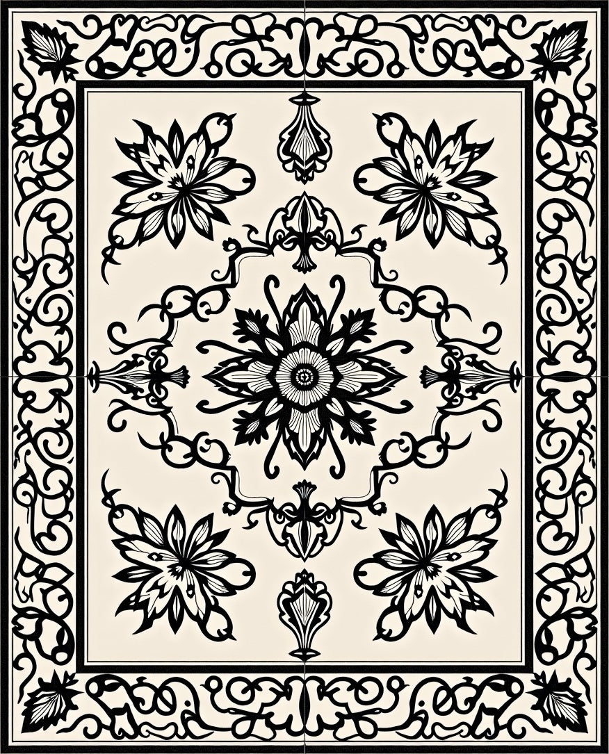 Cream Black Floral Arabesque Rug