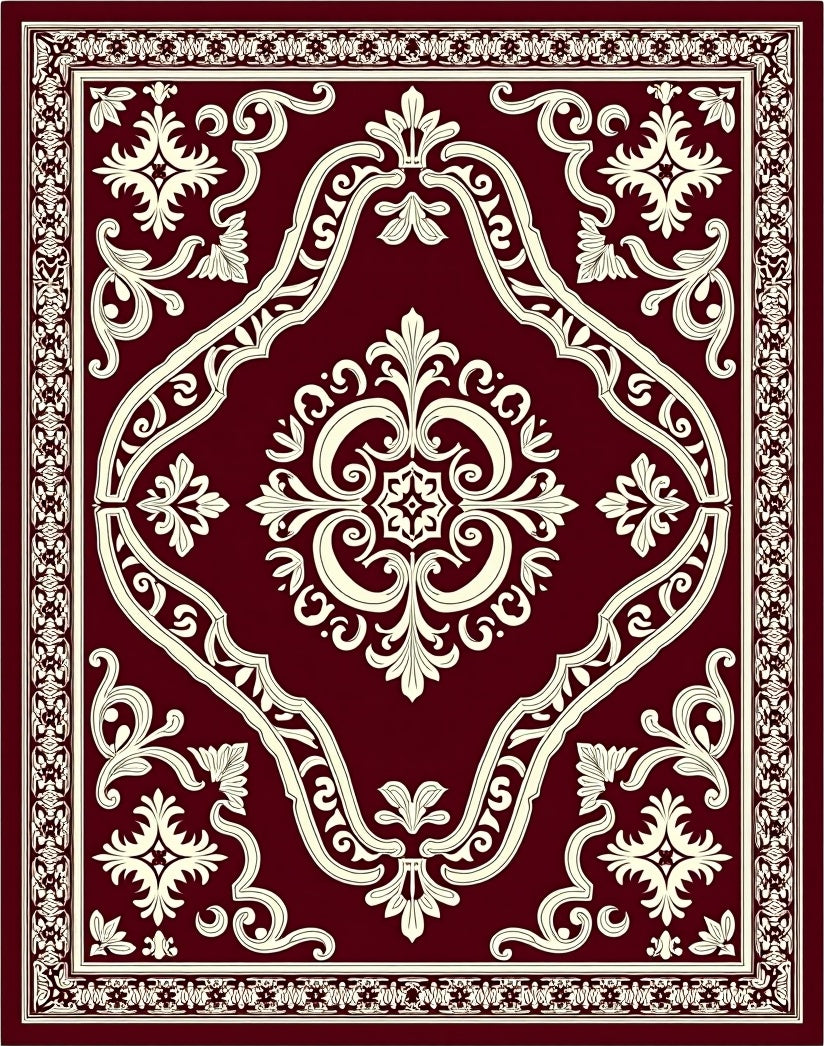 Deep Red Ivory Medallion Scrollwork Rug