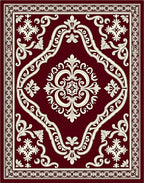 Deep Red Ivory Medallion Scrollwork Rug