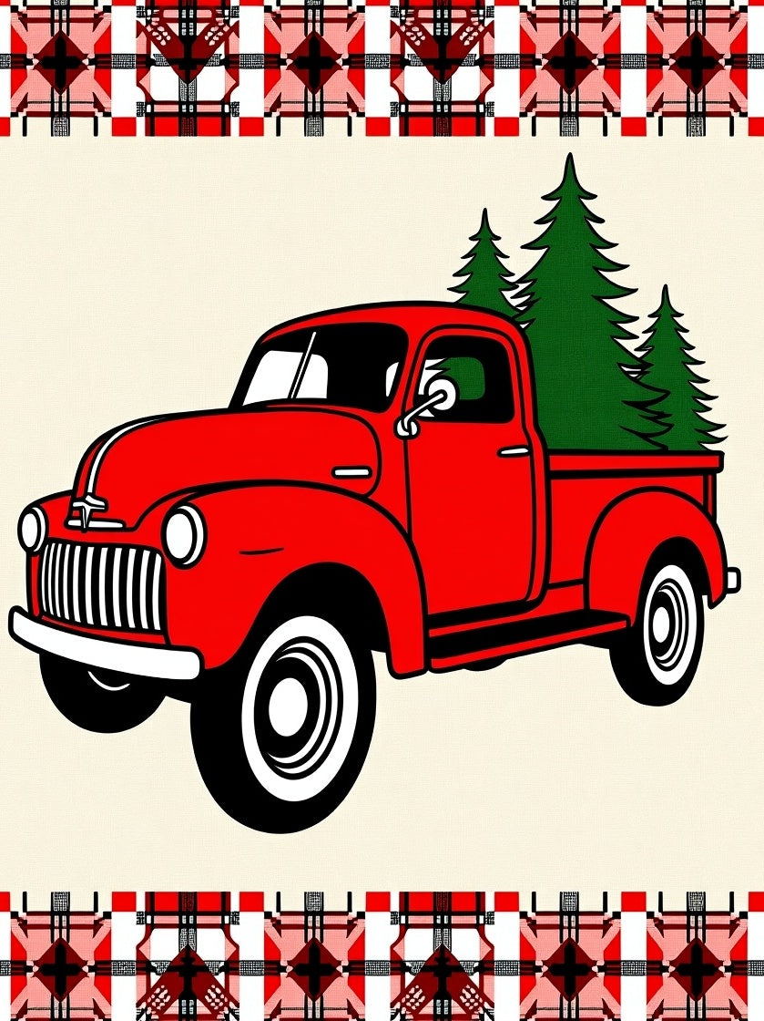 Red Truck Pine Trees Plaid Border Rug