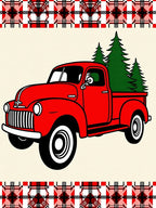 Red Truck Pine Trees Plaid Border Rug