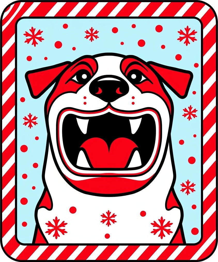Red White Bulldog Snowflakes Candy Cane Border Rug