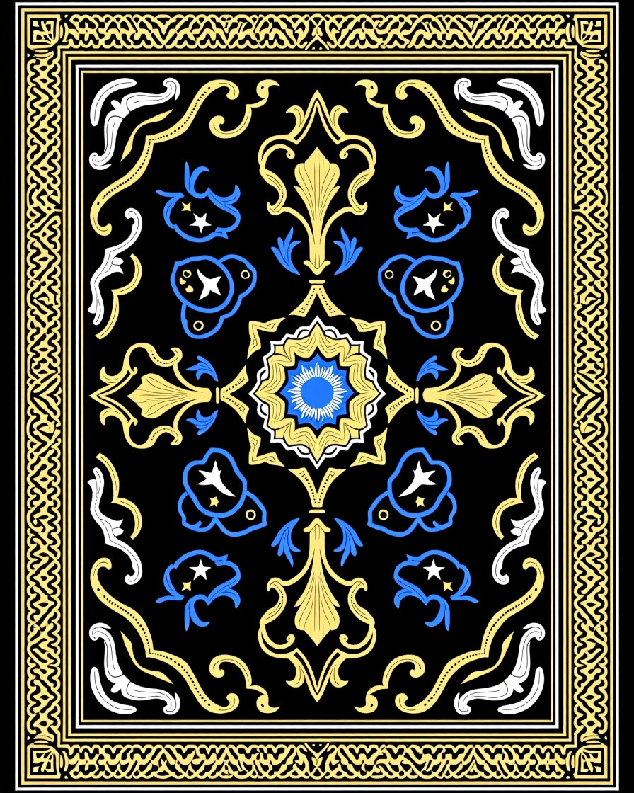 Black Yellow Blue Ornamental Star Rug