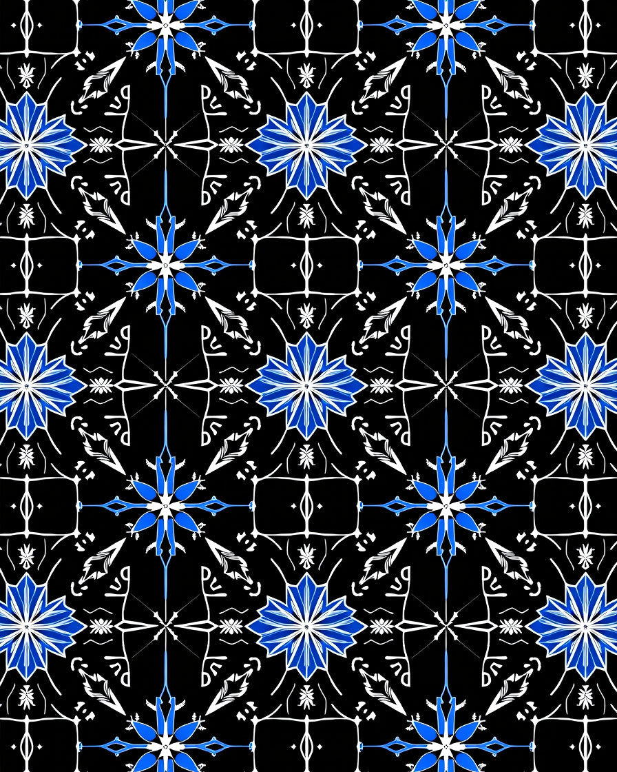 Vibrant Blue Starburst Medallion Black Rug