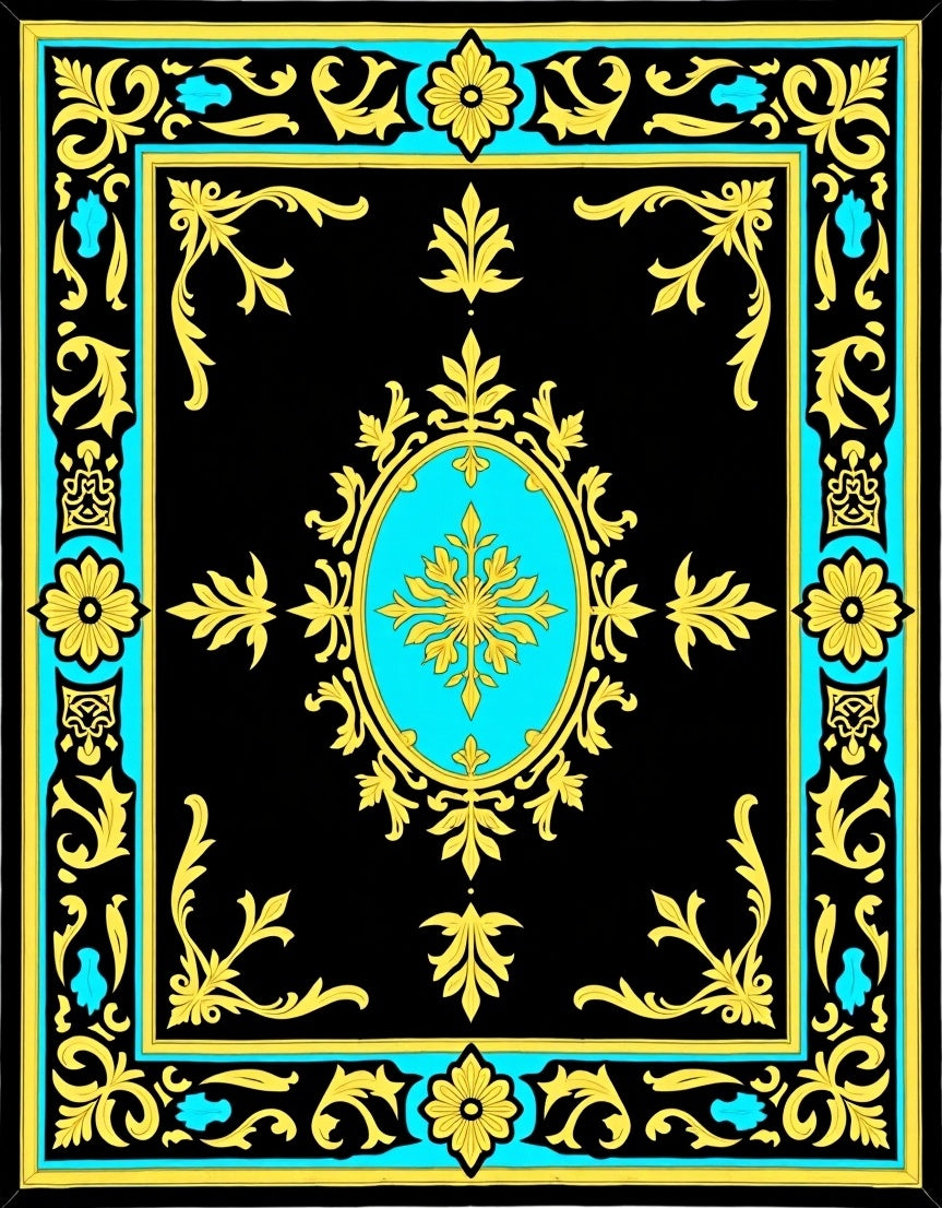Onyx Turquoise Gold Scroll Border Rug