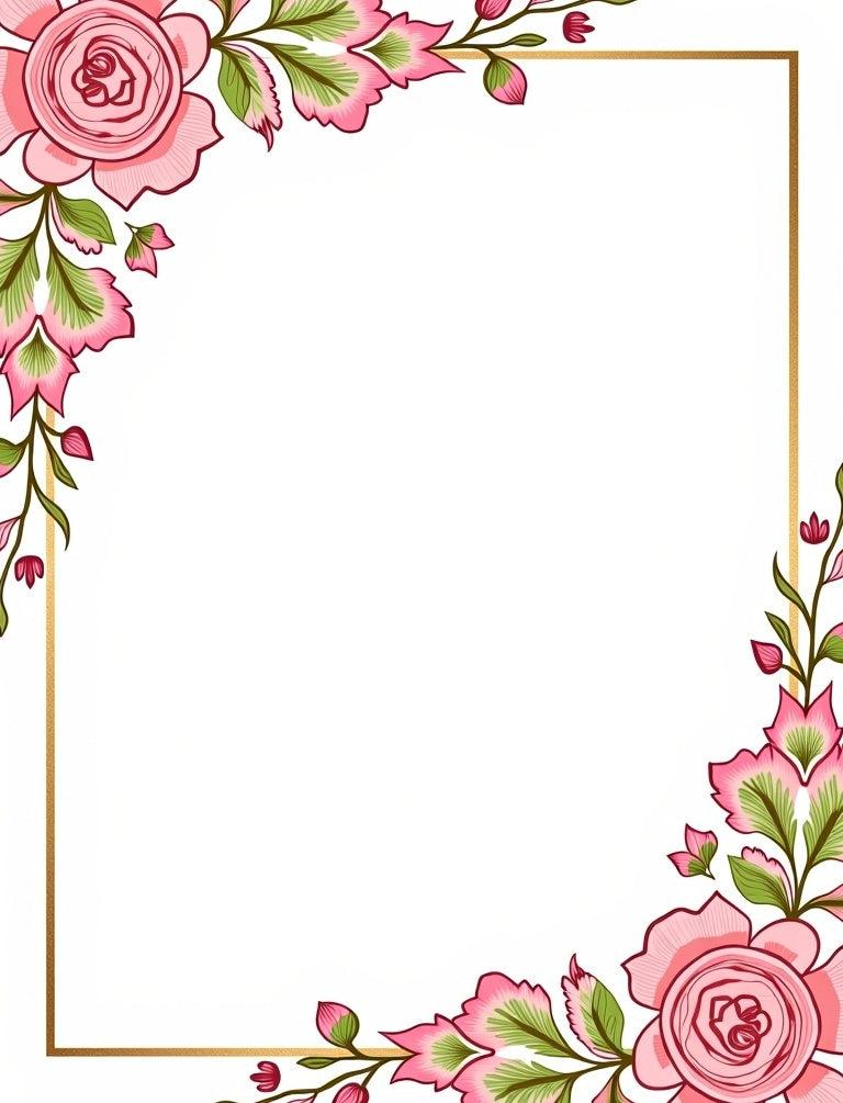 Pink Floral Whimsical Golden Frame Rug