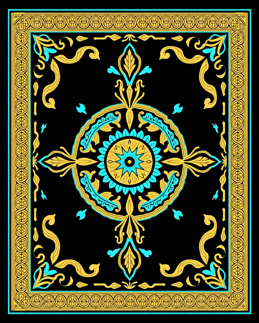 Black Teal Gold Medallion Arabesque Rug