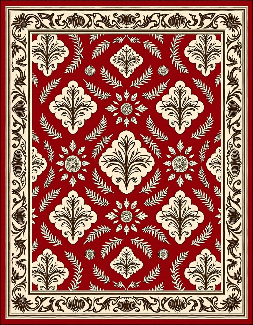 Crimson Damask Floral Border Rug