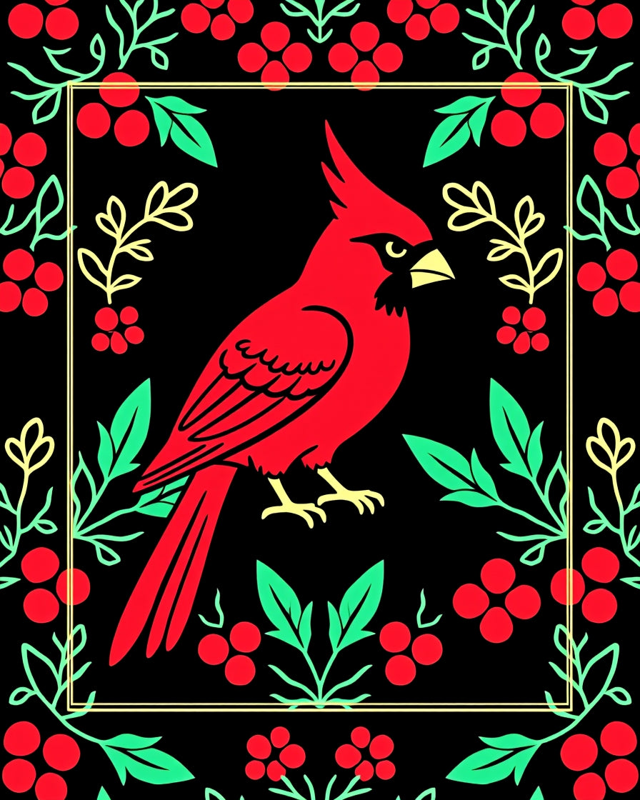 Bold Red Cardinal Floral Border Rug