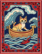 Whimsical Cat Boat Ocean Waves Rug