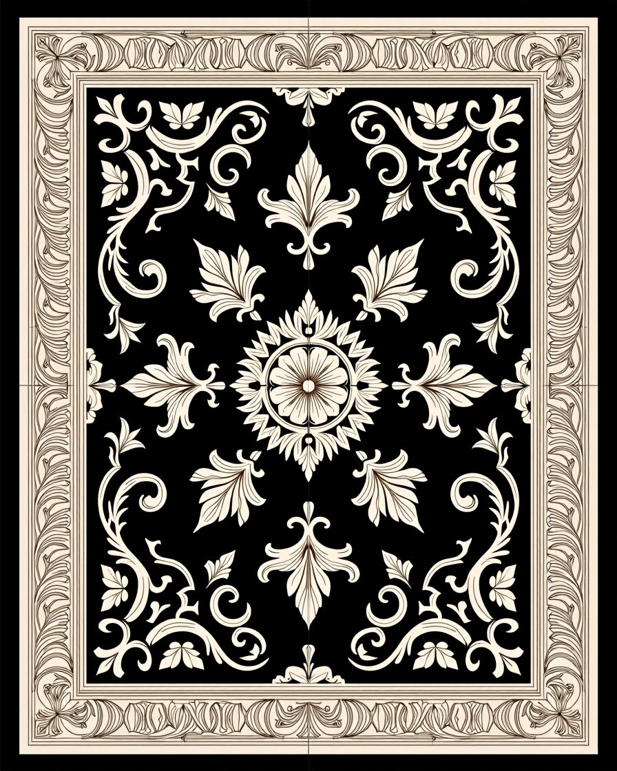 Black Cream Medallion Scrollwork Ornament Rug