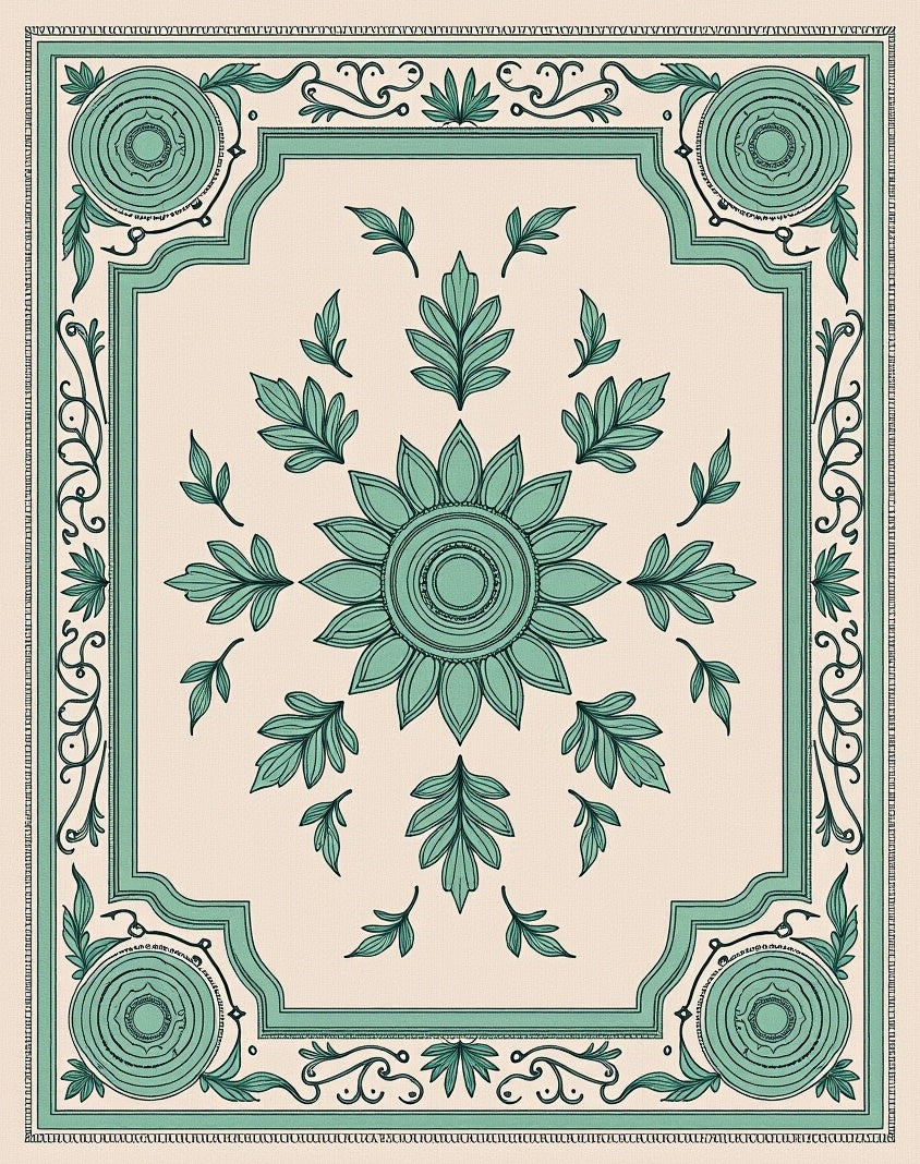 Teal Floral Medallion Frame Rug