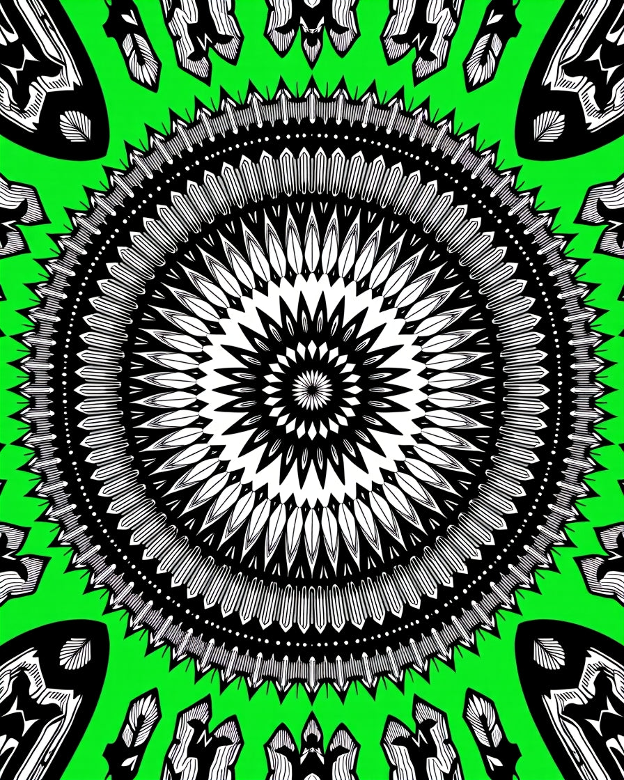 Vibrant Green Black Mandala Sunburst Rug