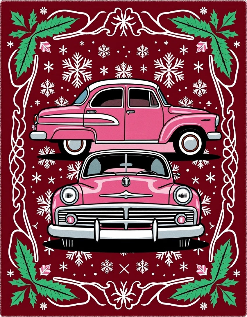 Vintage Pink Cars Snowflake Border Rug