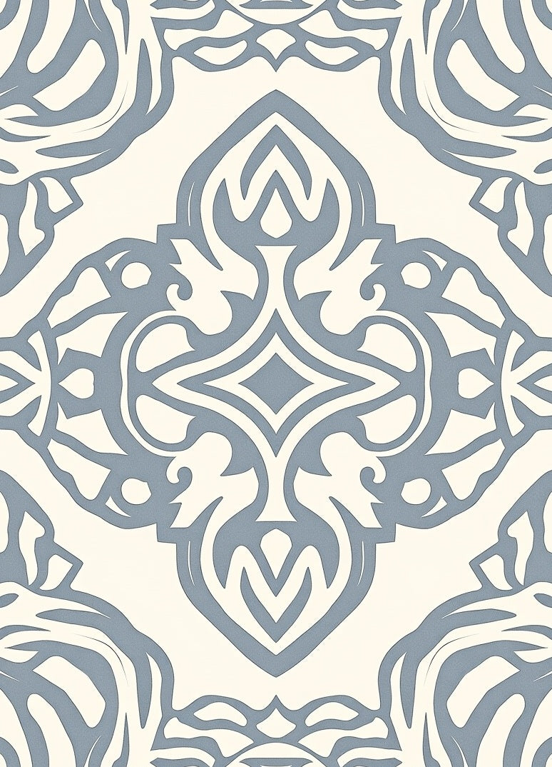 Cream and Blue Ornamental Scrollwork Rug