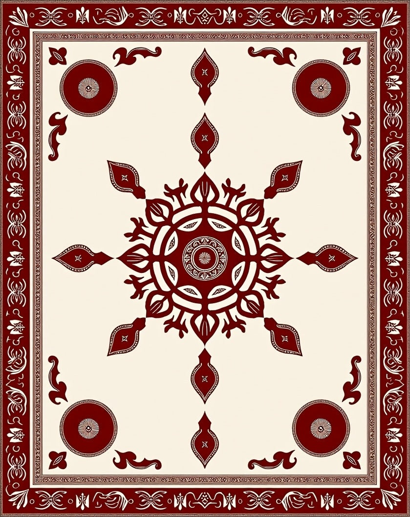 Deep Crimson Floral Sunburst Medallion Rug