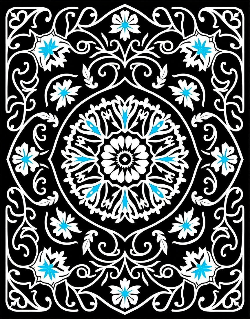 Black White Blue Floral Medallion Rug
