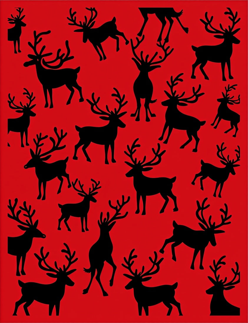 Black Reindeer Silhouette Scattered Red Background Rug