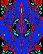 Vibrant Red Rose Black Swirl Rug