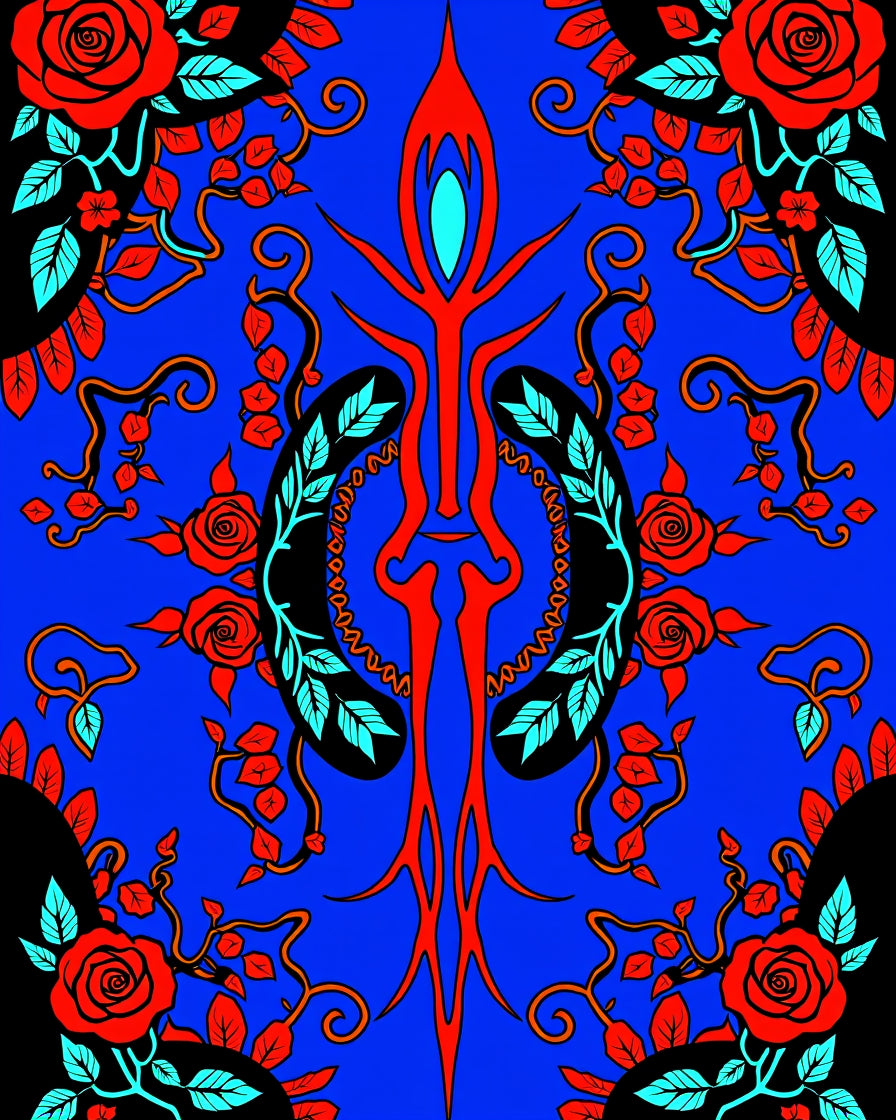 Vibrant Red Rose Black Swirl Rug