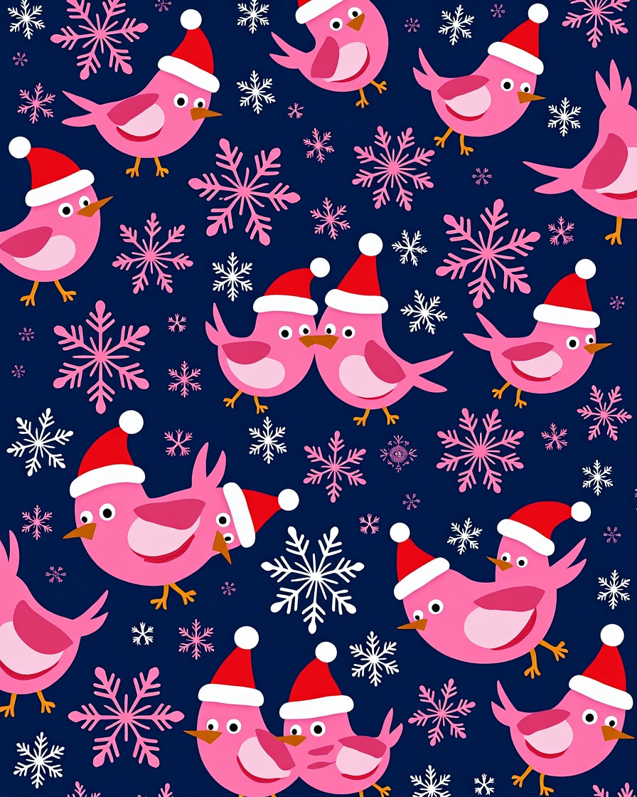 Pink Festive Birds Snowflakes Navy Rug