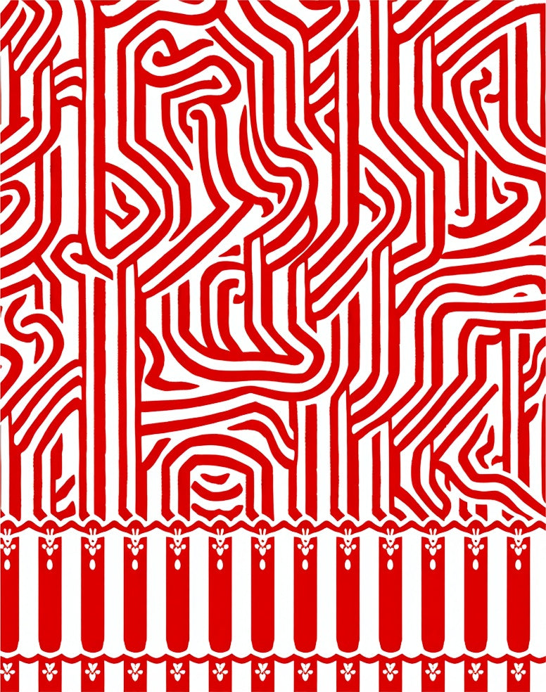 Red White Abstract Maze Border Rug