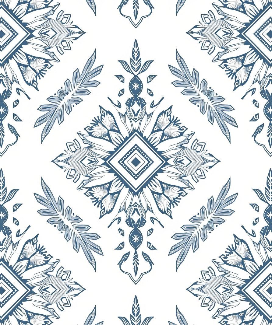 Blue White Floral Diamond Medallion Rug