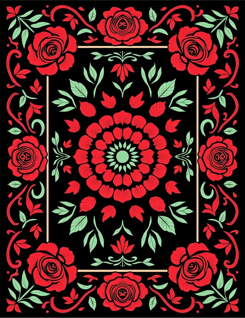 Crimson Rose Medallion Black Vintage Rug