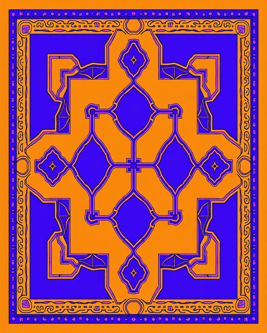 Bold Orange Blue Geometric Medallion Rug