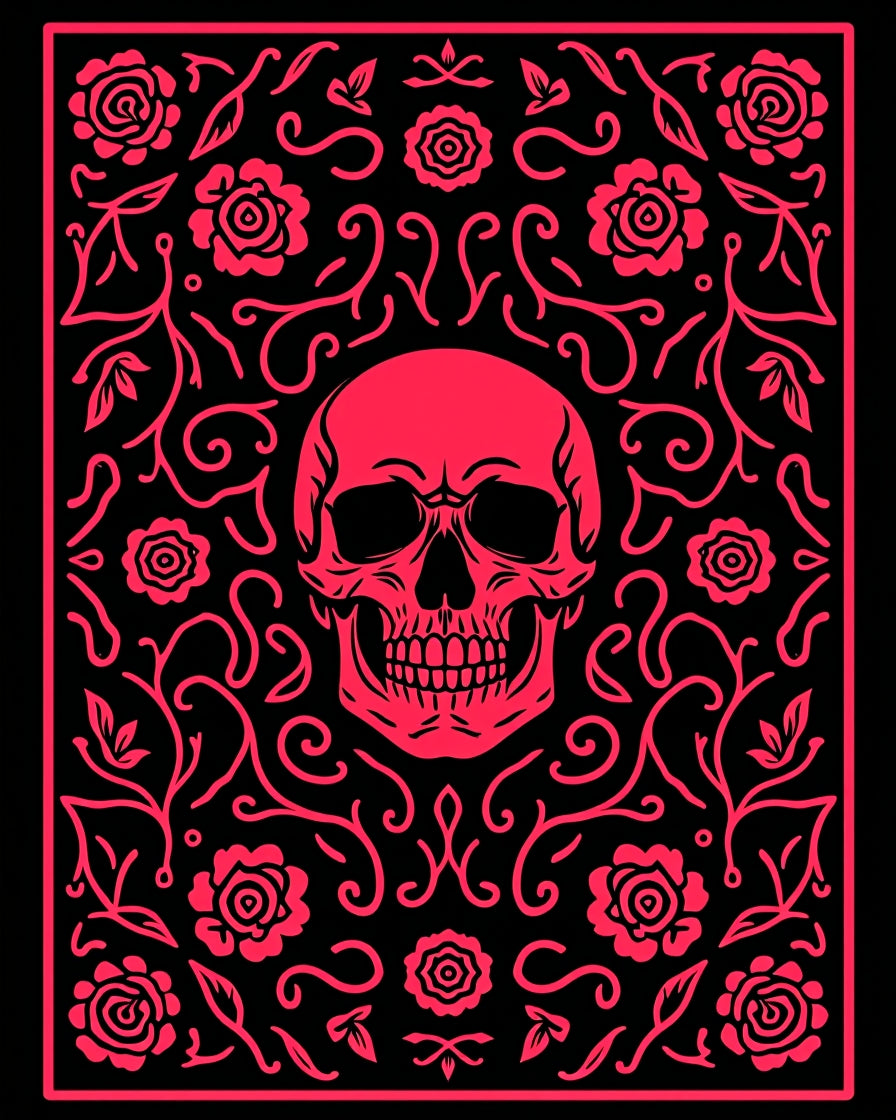 Vibrant Red Skull Floral Vine Rug