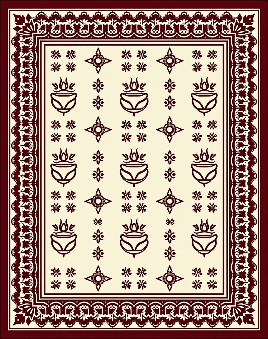 Burgundy Cream Floral Medallion Border Rug