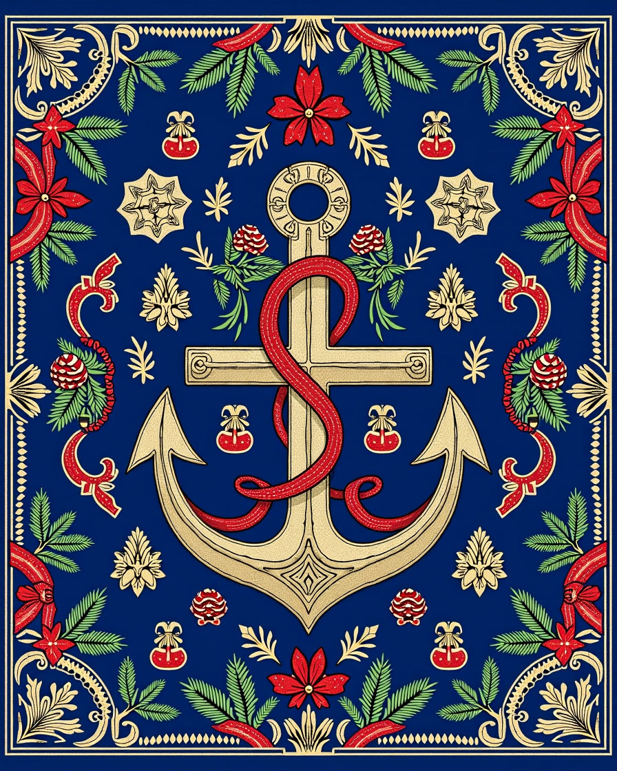 Naval Gold Anchor Red Ribbon Foliage Rug