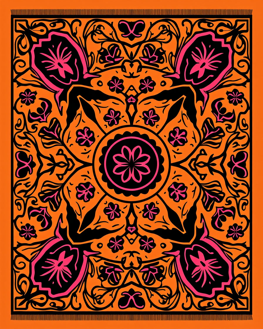 Orange Pink Floral Medallion Art Rug