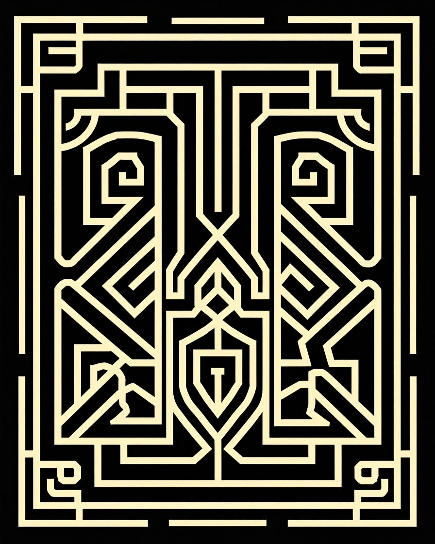 Cream Black Geometric Maze Rug