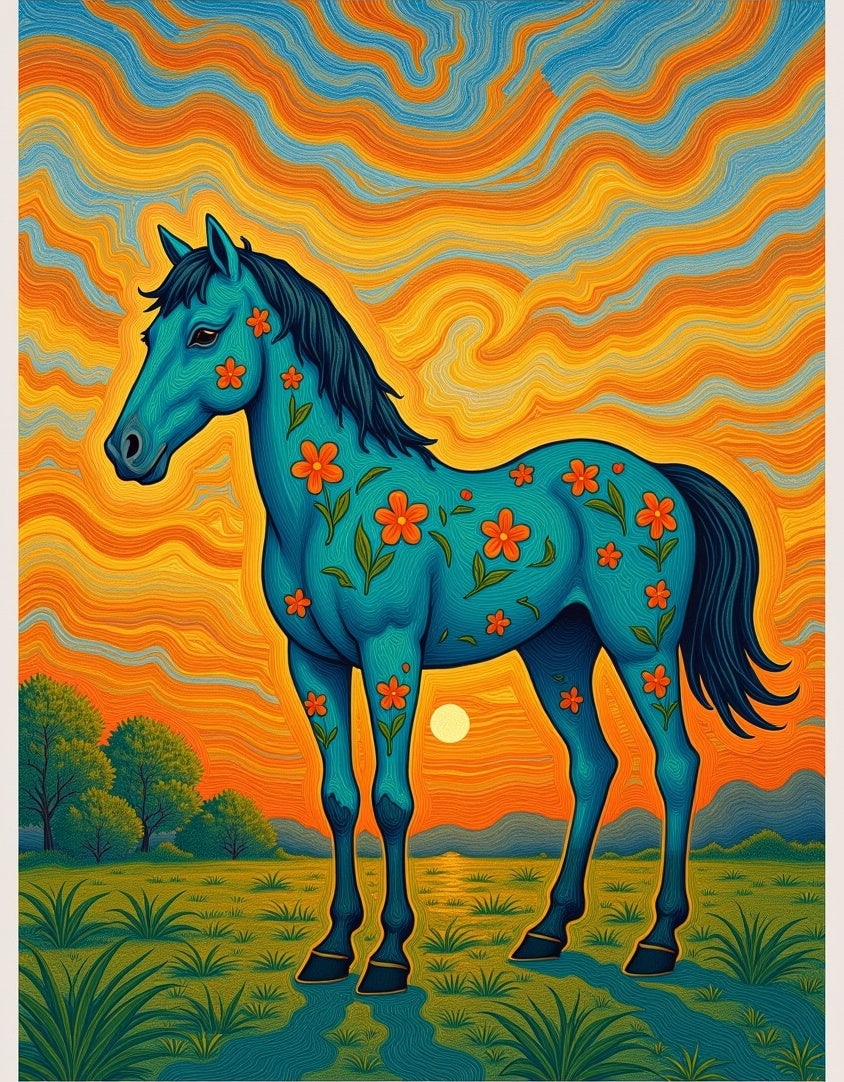Boho Teal Horse Floral Sunset Rug