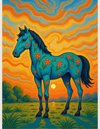 Boho Teal Horse Floral Sunset Rug