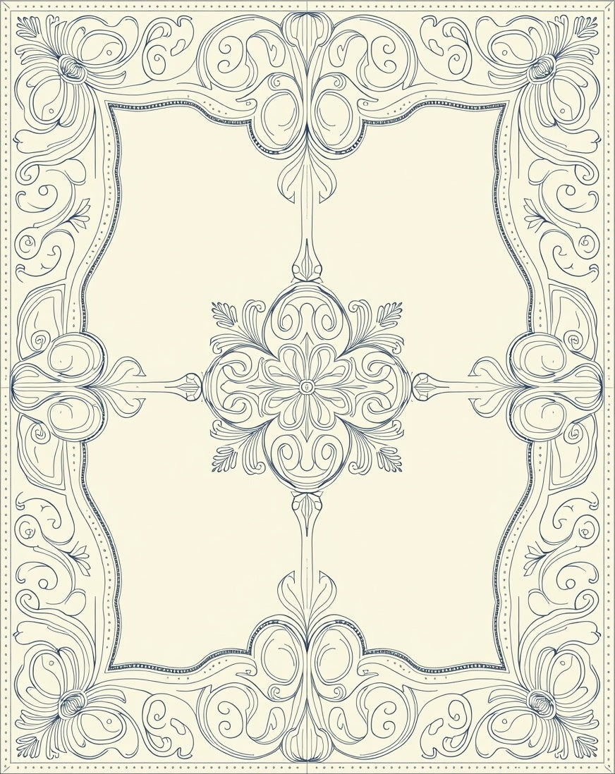 Ornate Navy Floral Scrollwork Border Rug
